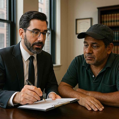 Store owner consulting with attorney